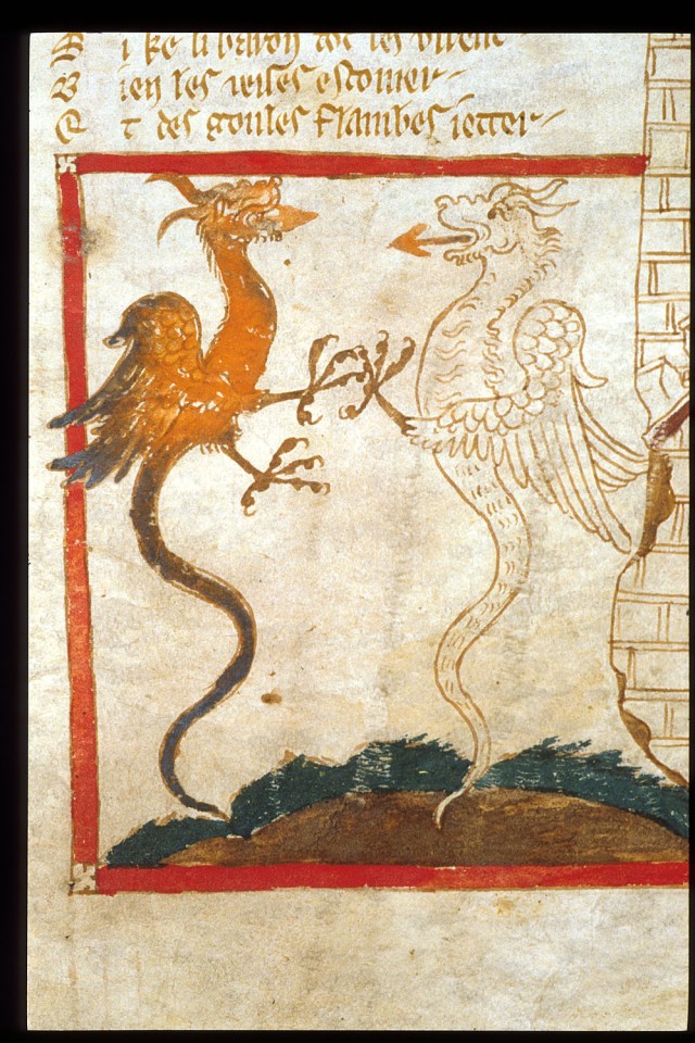 Another medieval illustration of the "Dance of the Dragons" as rendered in Nennius.  Egerton 3028 BM ms.