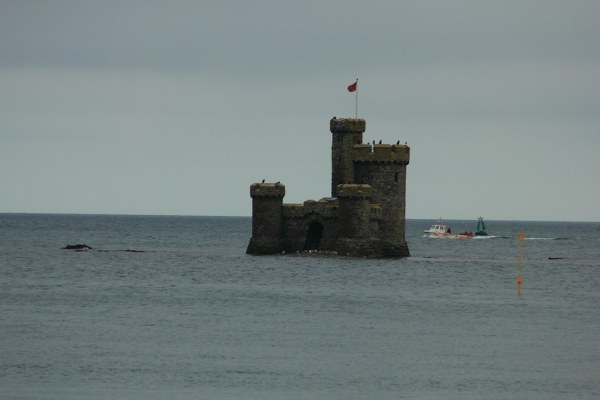 The Tower of REfuge sits on a partially tidal reef in the middle of Douglas Bay